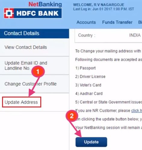 update address in hdfc bank online