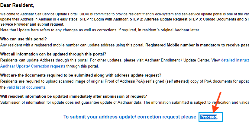 address update correction request in aadhaar online