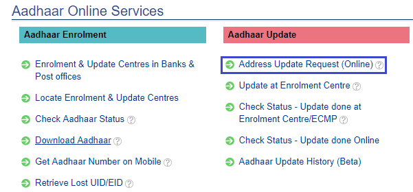 address update request in aadhaar online