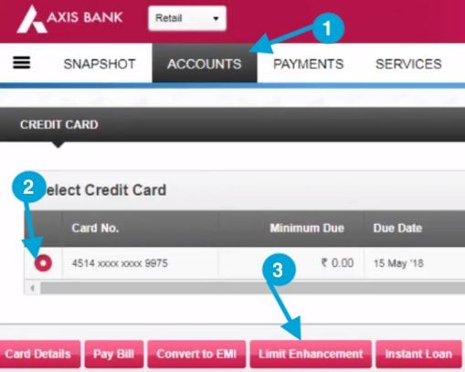 axis bank credit card limit enhancement online