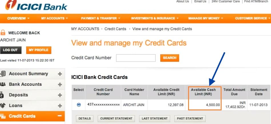check icici credit card balance online