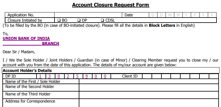 union bank of India account closing form
