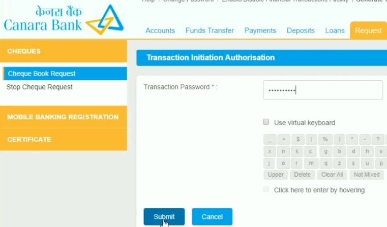 canara cheque book request online