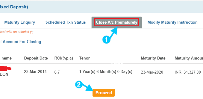 close fixed deposit account in sbi prematurely