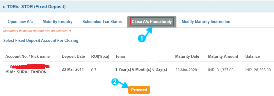 close fixed deposit account in sbi prematurely