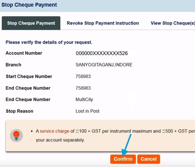 confirm stop cheque payment sbi online