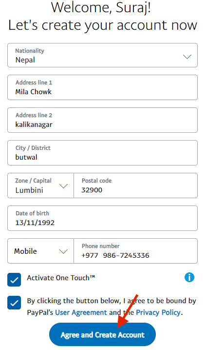 enter details in paypal nepal