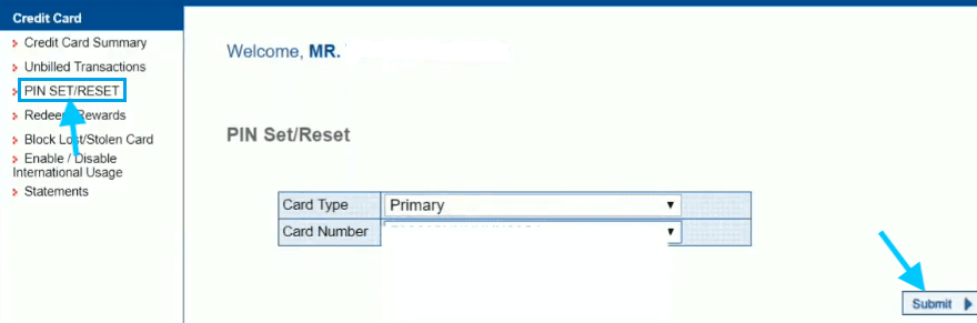 set reset pin yes bank credit card