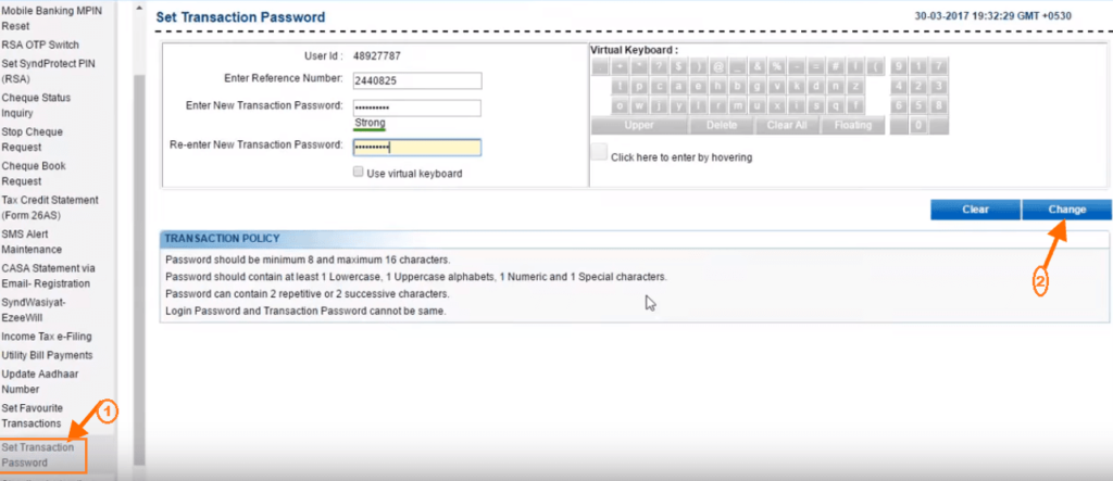 enter new transaction password syndicate bank