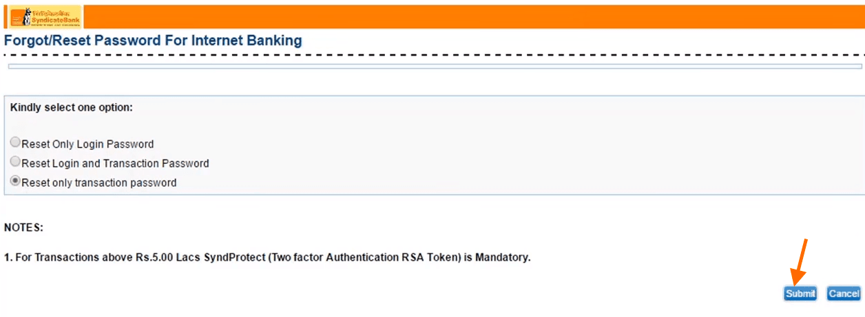 select reset only transaction password syndicate bank