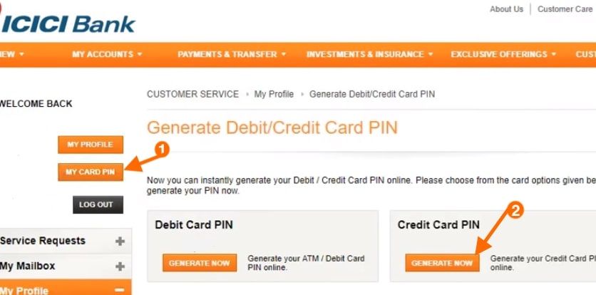 generate credit card pin icici bank net banking