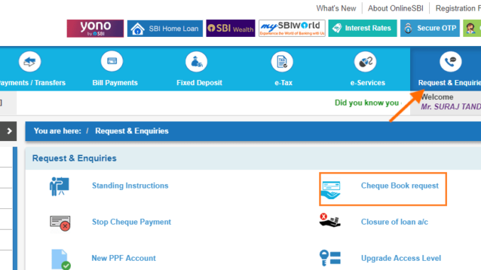 check sbi cheque book request status