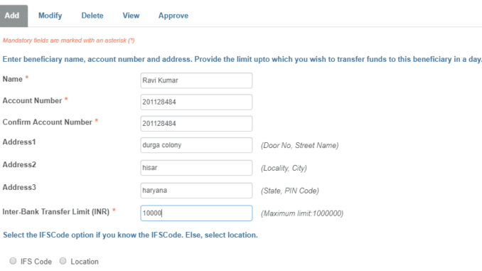 details for neft transfer