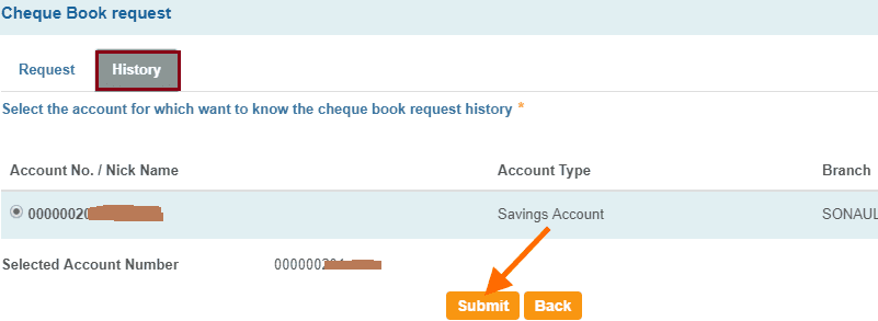 select account number cheque book status