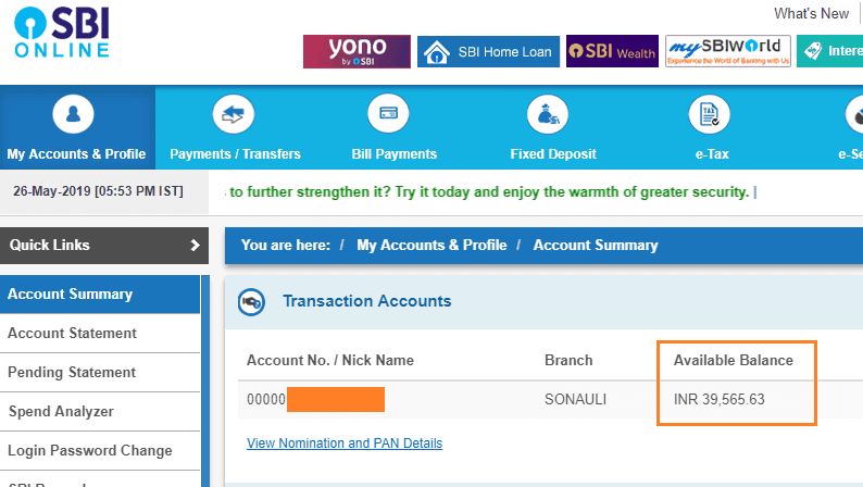 sbi balance check online