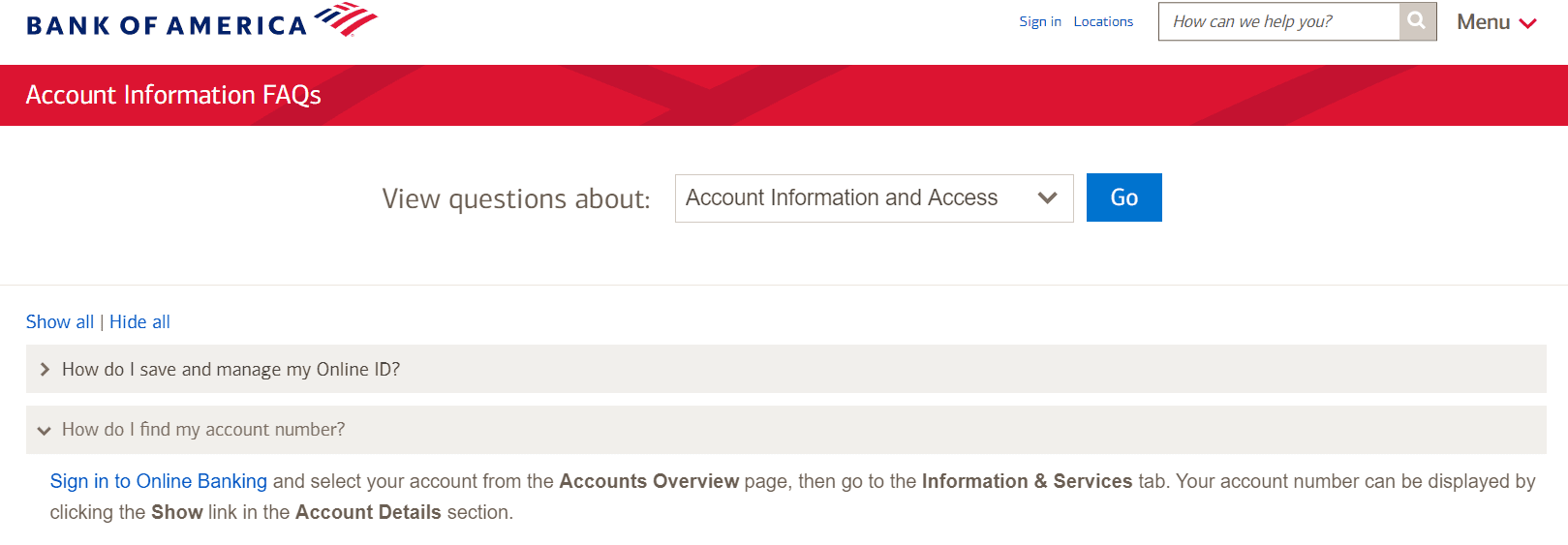 Find Bank Of America Account Number online