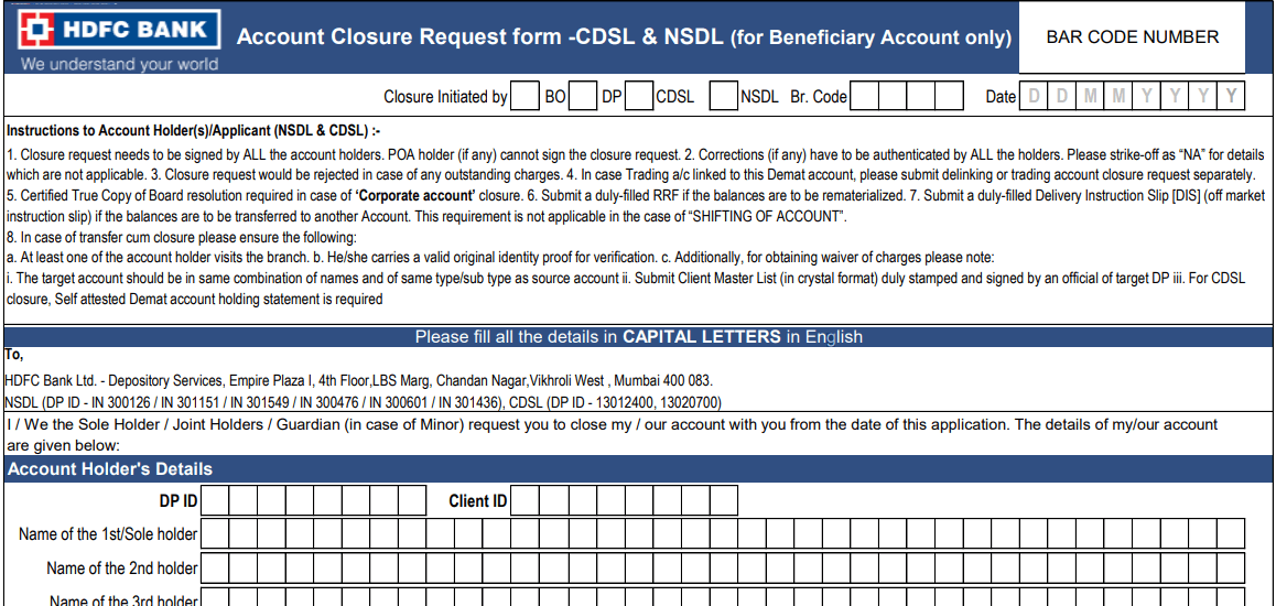 hdfc demat account closure form