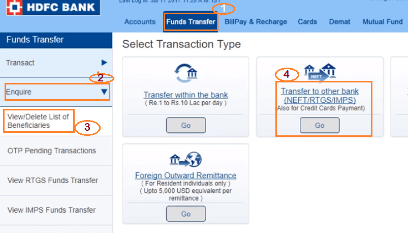 view or delete beneficiary in hdfc bank online