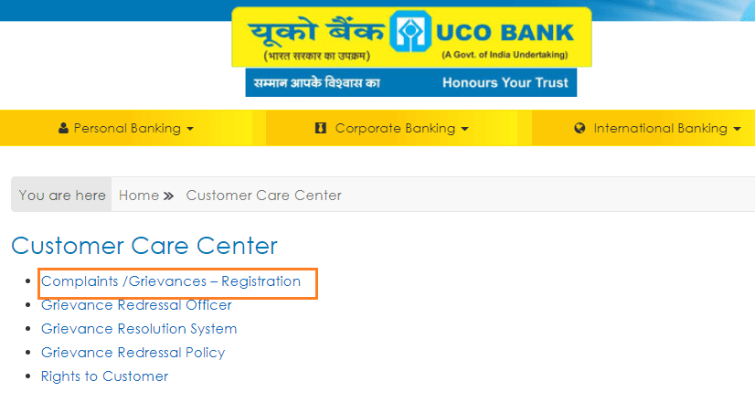 Complaints /Grievances Registration uco bank