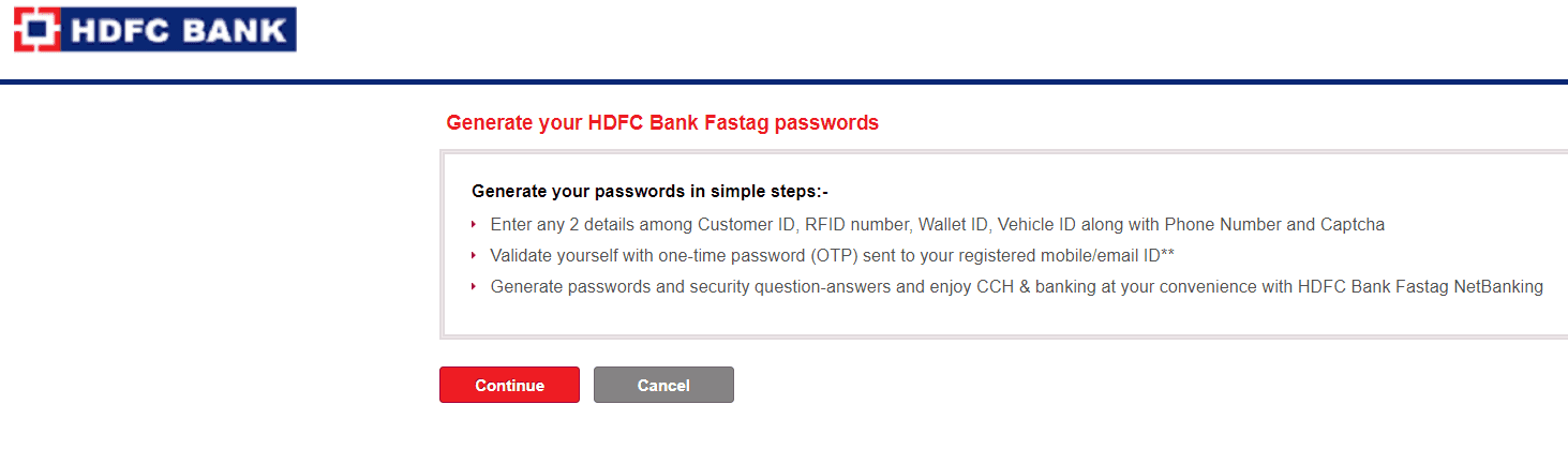 generate HDFC FASTag passwords