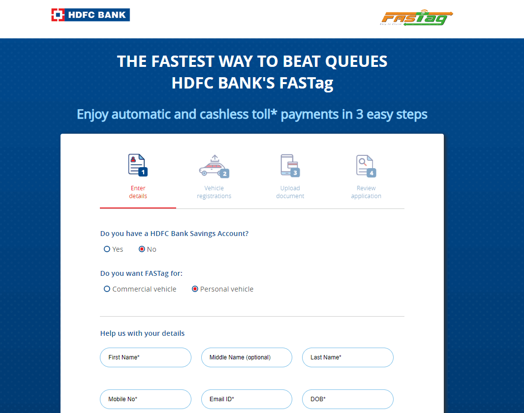 HDFC FASTag Registration Process Online