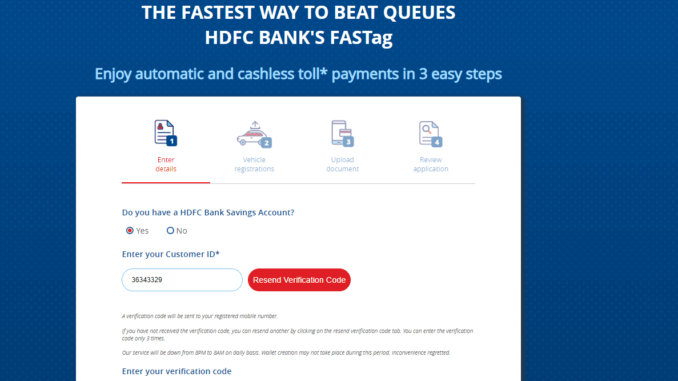 HDFC FASTag Registration using customer id