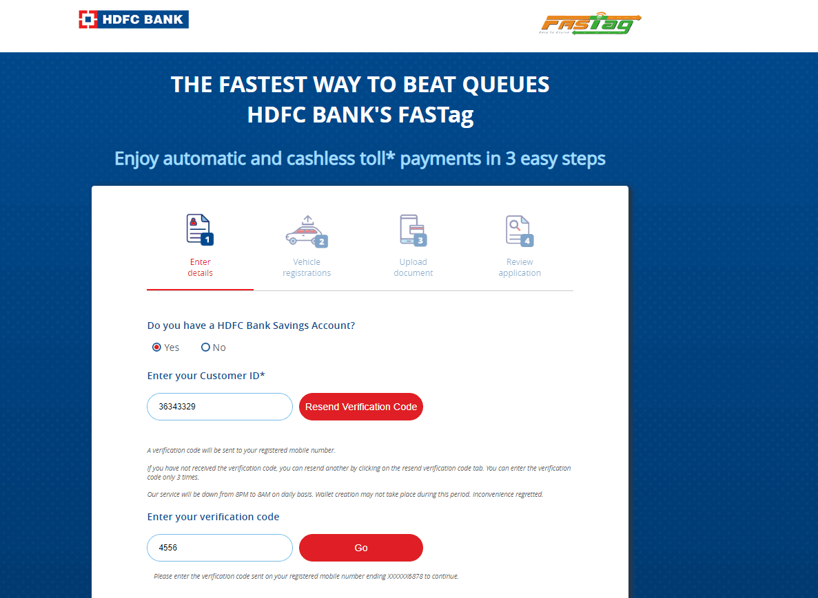 HDFC FASTag Registration using customer id