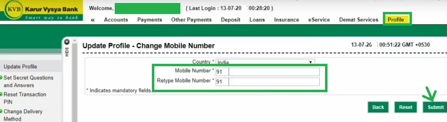 Change Mobile Number in Karur Vysya Bank Online