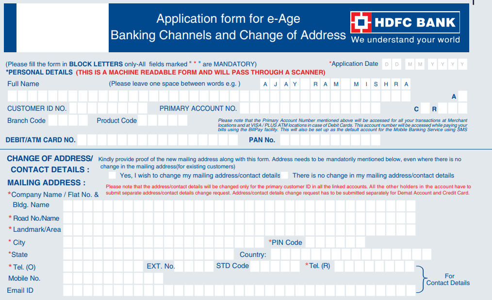 hdfc mobile number registration form