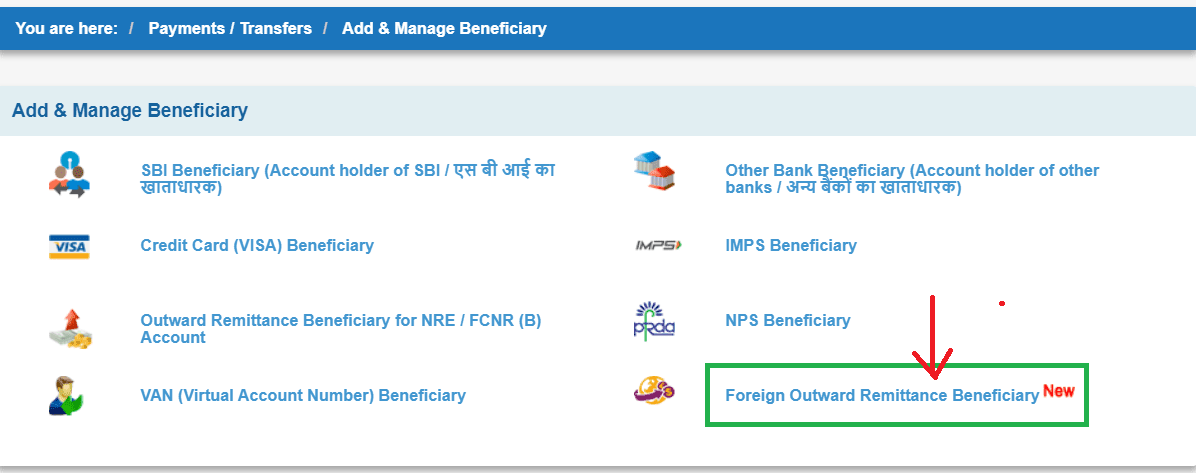 sbi Foreign outward remittance beneficiary online