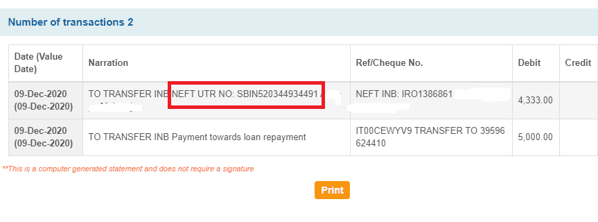 check utr number in account statement