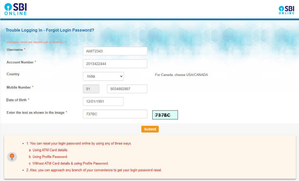 forgot login password online sbi