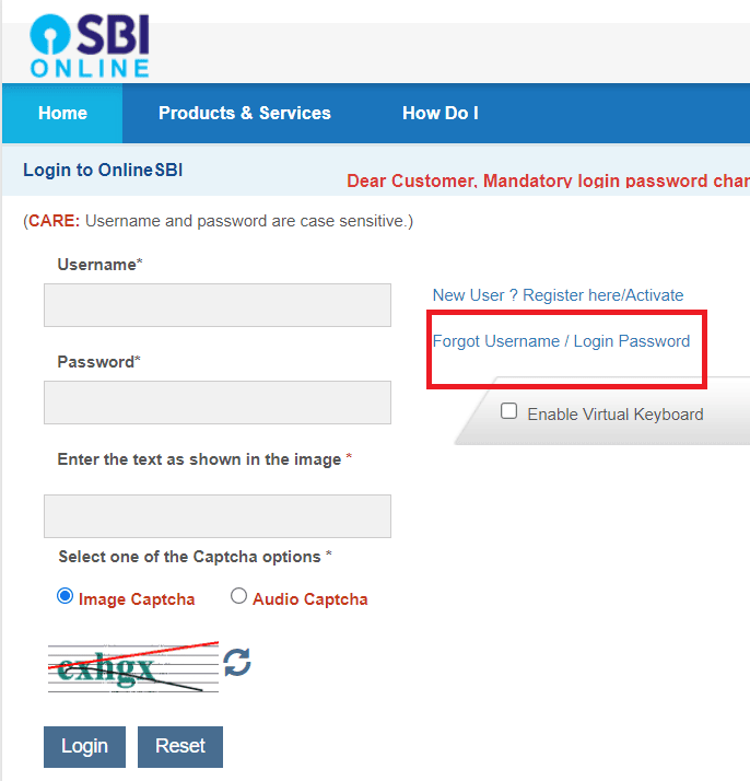 Forgot Username Login Password online sbi