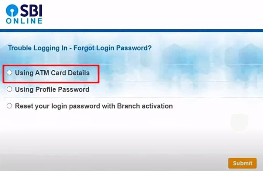 sbi login password reset using atm card details