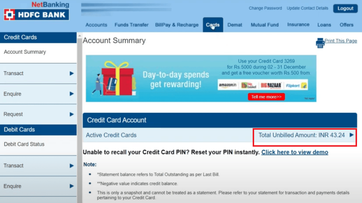 Unbilled Amount in HDFC Credit Card