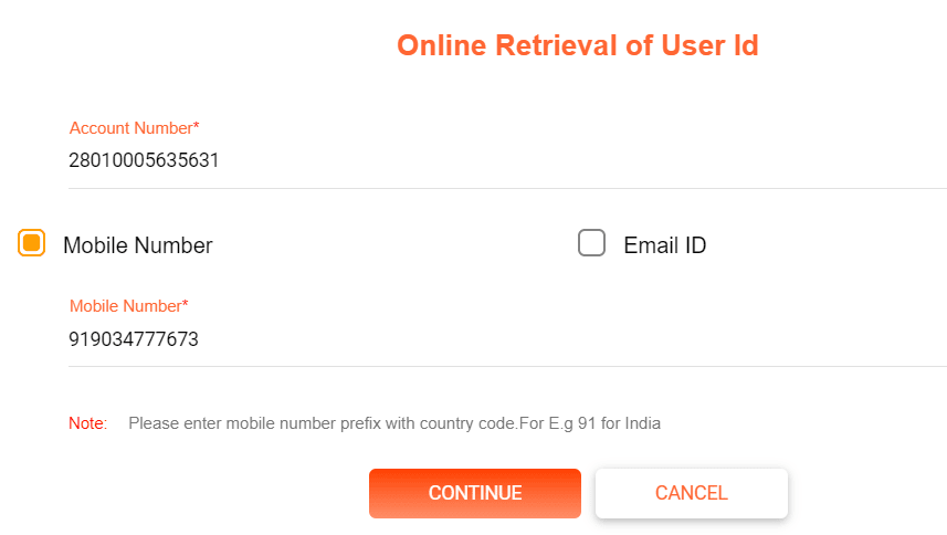 Online Retrieval of User ID bank of baroda