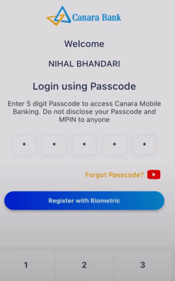 login using passcode in canara ai1 app