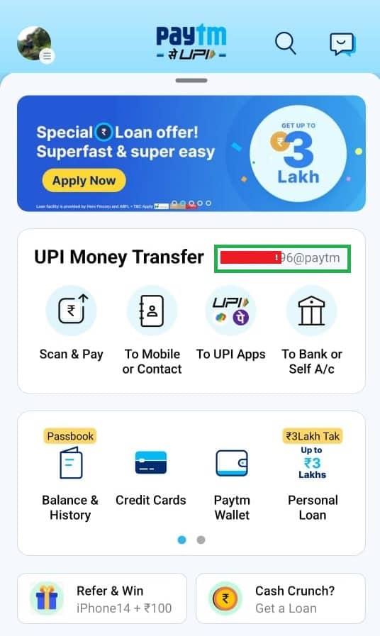UPI ID on Paytm App Home Page