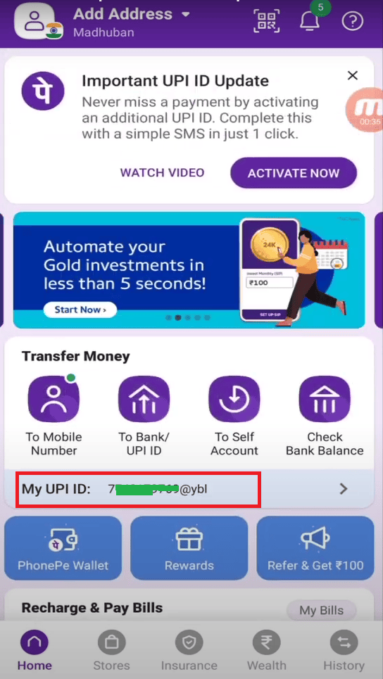 find phonepe upi id in home page