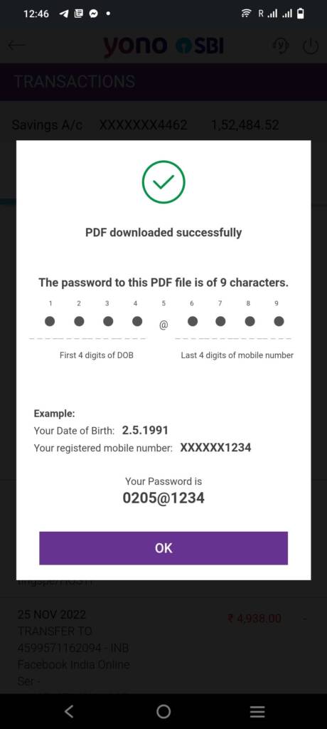 Yono SBI Mobile Statement PDF Password