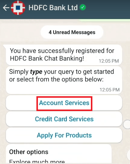 account services hdfc whatsapp banking