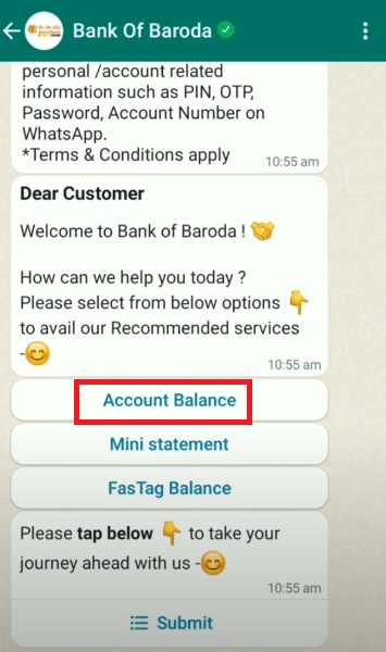 Bank of Baroda WhatsApp Number to Check Balance