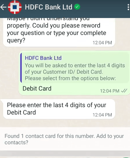 enter debit card number hdfc whatsapp banking