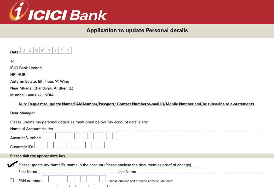 icici bank name change form