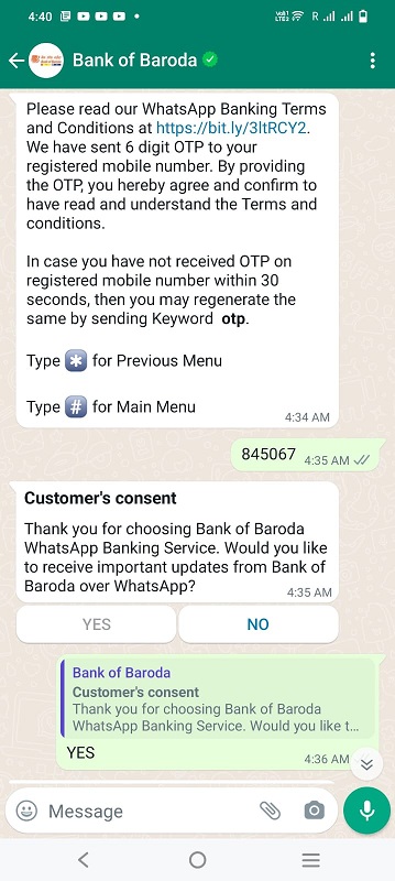 otp bank of baroda whatsapp banking