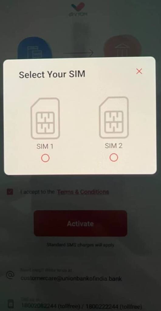 select your union bank registered sim in vyom app