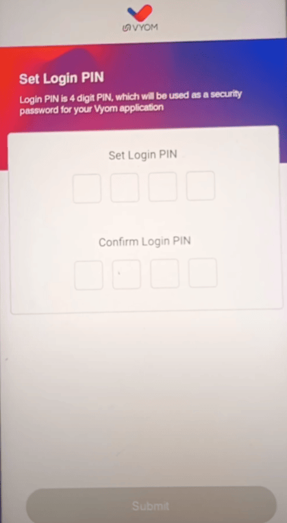 set login pin vyom app