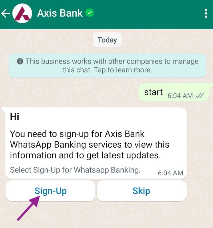 sign up for axis bank whatsapp banking