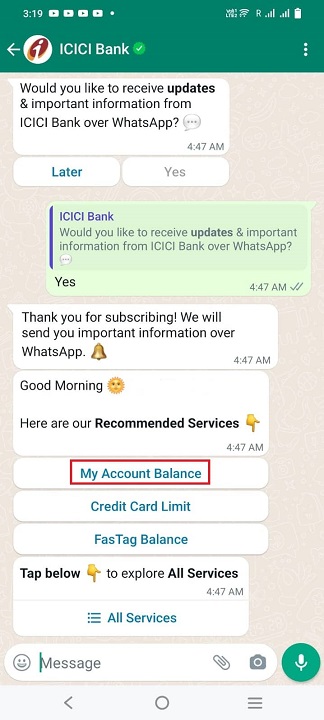 balance check icici bank whatsapp banking