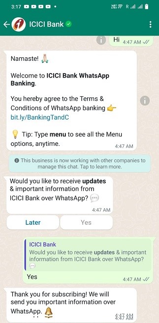 hi icici bank whatsapp banking